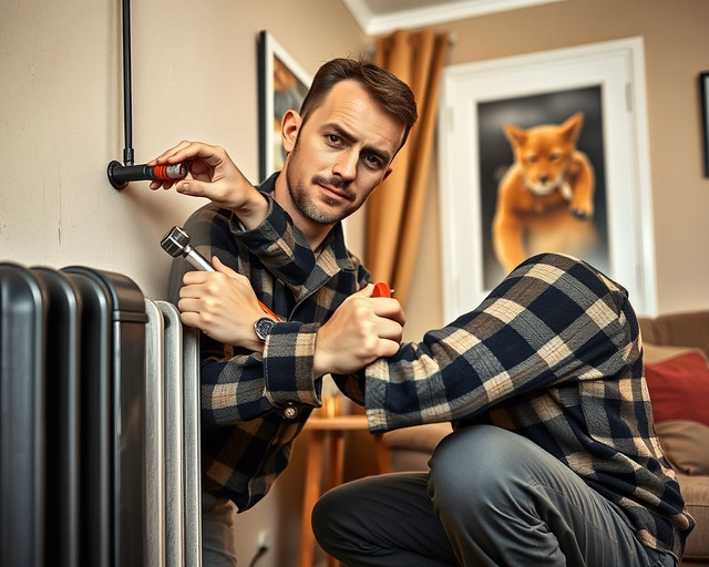 Szerelő finoman leszereli a régi gázkonvektort, kikapcsolja a gázt, ellenőrzi a csatlakozásokat, majd újat illeszt és biztonságosan rögzít — Gázkonvektor cseréje.