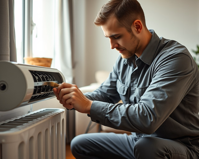 Gázkonvektor fúvókájának tisztítása: szerelő eltávolítja a burkolatot, finoman kifújja és ecsettel tisztítja a fúvókát, ellenőrzi égési képet és újraösszeszereli a készüléket.