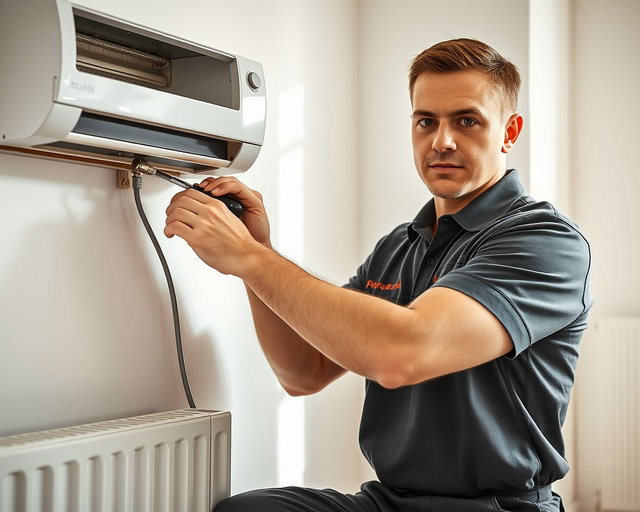 Gázkonvektor leszerelése: szakember gumikesztyűben leválasztja a konvektor gázcsatlakozását, elzárja a szelepet, majd óvatosan kihúzza és leemeli a készüléket a falról.