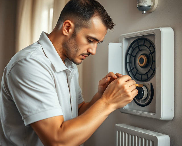 Gázkonvektor-szerelő gondosan leállítja a gázcsapot, csatlakoztat egy nyomásmérőt a készülékhez, és ellenőrzi szivárgásmentességet és égéstermék-elvezetést. (kulcsszó: Gázkonvektor-szerelő)