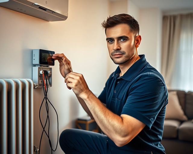 Szerelő beállítja a gázkonvektor termosztátját: finom mozdulatokkal csatlakoztatja a vezetéket, ellenőrzi a hőmérséklet-érzékelőt és beállítja a kívánt hőfokot.