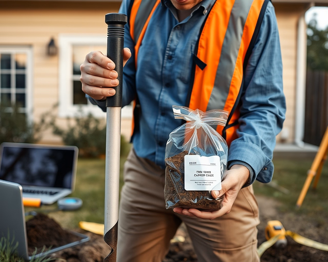 Geotechnikai tervezés: mérnök terepen fúrásmintát vesz, GPS-szel pozícionál, talajrétegeket dokumentál, műszerrel nedvességet és teherbírást mér a későbbi alapozáshoz.