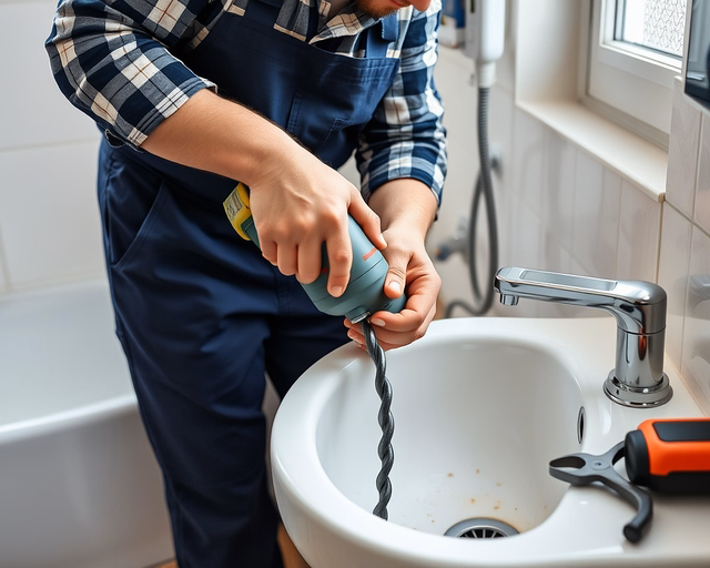 Gépi duguláselhárítás: szakember bevezet egy forgó spirált a dugult kádlefolyóba, miközben csőből lassan távozik a víz és a szennyeződés darabjai.
