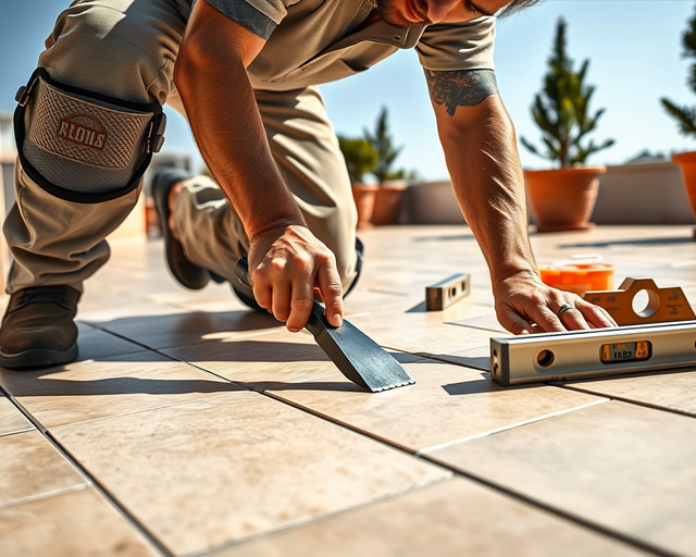 Greslap lerakása: mester precízen felhordja a csemperagasztót, vízmértékkel ellenőrzi a síkot, majd gondosan illeszti és kalapálja a greslapot, eltávolítva a felesleges habarcsot.