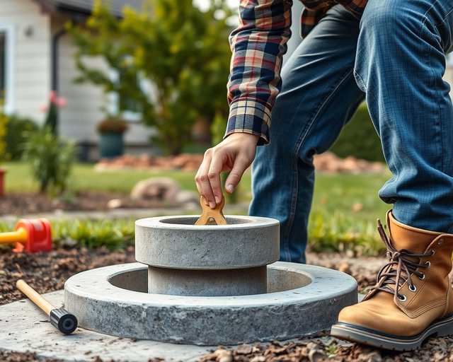 Gyűrűs kút építése: két munkás pontosan illeszti a vasbeton gyűrűket egymásra, miközben egyikük emelővel tartja, a másik habarcsot ken a peremre a tömítéshez.