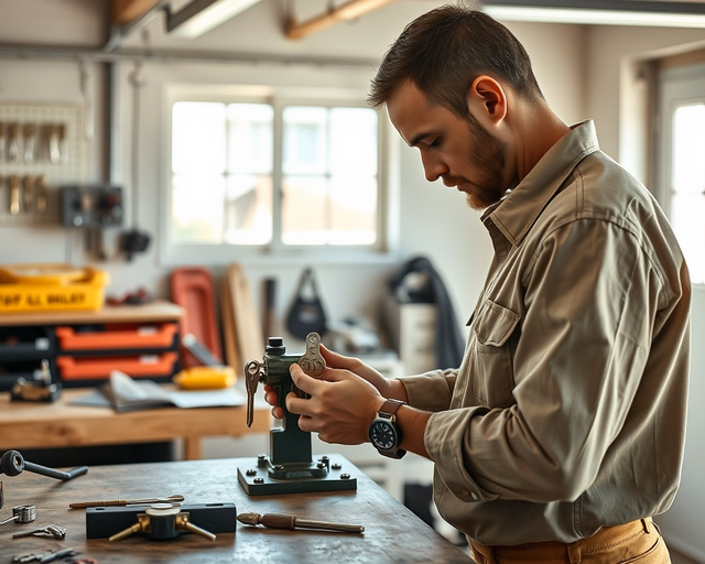 Fotó egy zárszerelőről, amint professzionálisan hajókulcs másolást végez egy garázsban.