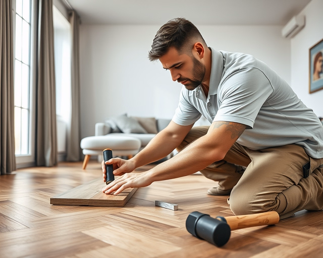 Halszálka mintás laminált padló vásárló kiválasztja a mintát a Diego áruházban, kézben tartva egy színmintát mellett a padlólapot — Halszálka mintás laminált padló.