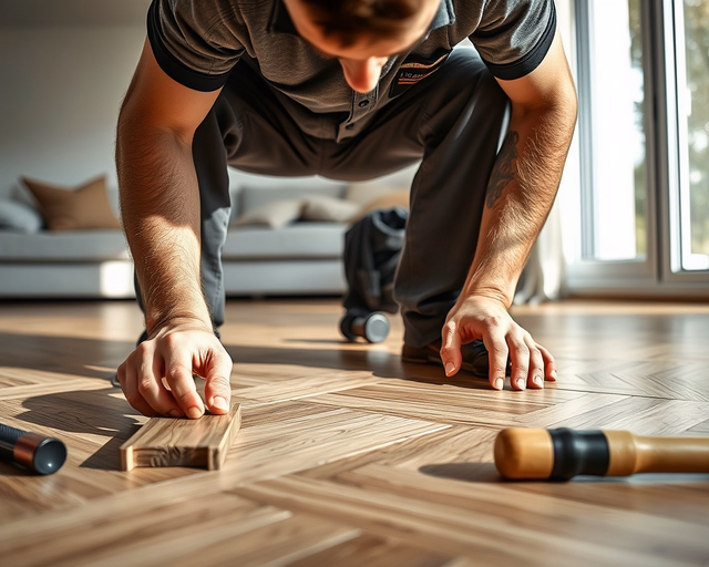 Halszálka mintás laminált padló lerakása: szerelő pontosan illeszti a laminált elemeket halszálka mintában, klikkes csatlakozást alkalmazva, kalapáccsal és ütőfával igazítva a sorokat.