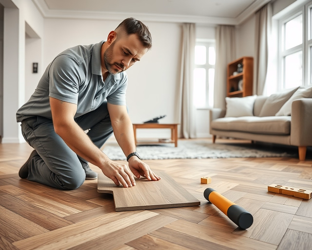 Mester pontosan illeszti a halszálkamintás laminált padlólapokat, ragasztóval és dübelezéssel rögzítve, miközben kalapáccsal enyhén igazítja a sorokat — halszálkamintás laminált padló telepítése.