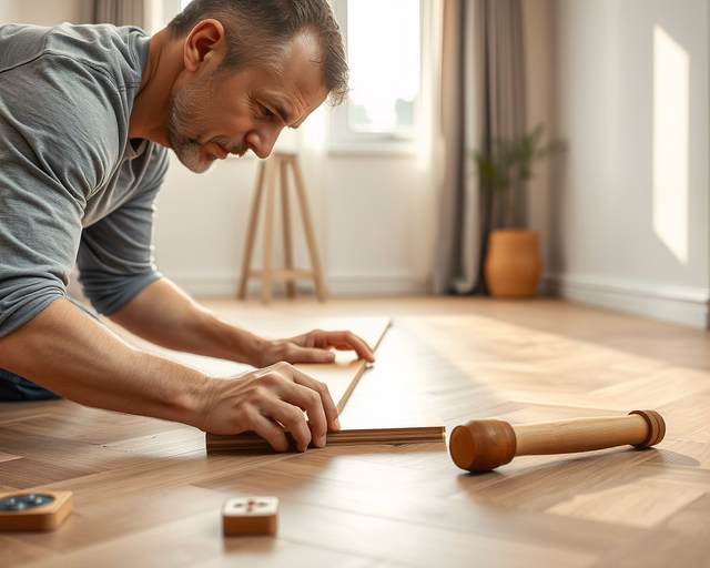 Kézműves szerelő precízen illeszti a halszálkás laminált parketta elemeit, ragasztót ken a hátoldalra, ütőfával igazítja a csuklókat és ronggyal törli le a felesleget.