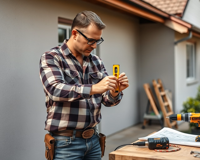Ház hozzáépítése: munkások felállítanak acélvázas keretet, egy dolgozó mér, másik rögzít csavarokkal, mellettük tégla- és szigetelőanyagkupacok a későbbi falazáshoz.