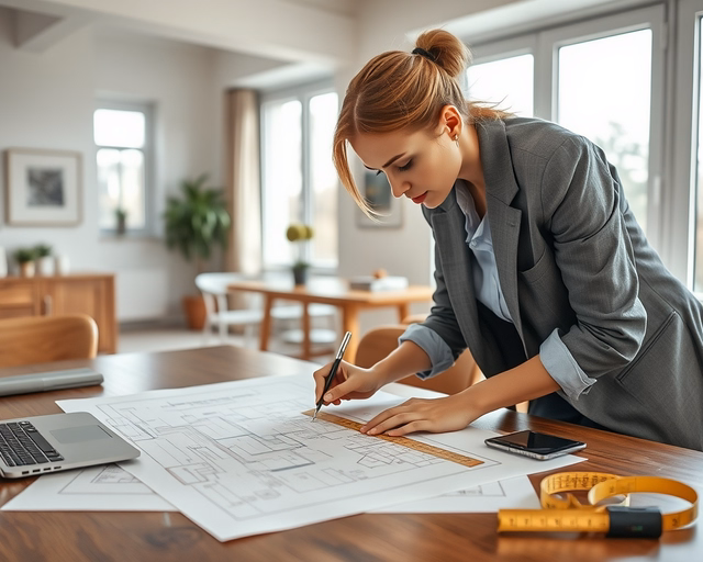 Házak tervezése és kivitelezése: mérnök rajzol színes alaprajzot, miközben építőmunkások helyszínen mérnek, jelölnek és betonacélokat helyeznek a friss alapba a pontos kivitelezéshez.