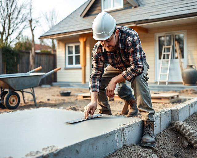 Házalap: munkás betonkeverőből önti a friss betont a kijelölt alapásatba, simítja és egyengeti a felületet, hogy készen álljon a vasaláshoz és további rétegekre.
