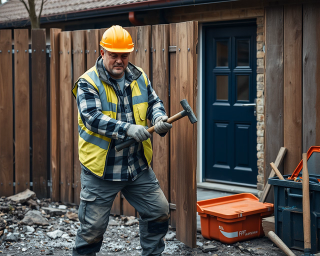 Házbontás: munkások védőfelszerelésben óvatosan bontanak le téglafalat, porát elszívó gép mellett, darabokat rendezve és biztonságosan elszállításra készítve.