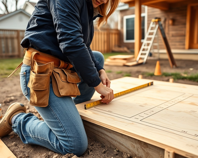 Házbővítés: mester bedeszkáz egy új szoba alapját, mérőszalaggal ellenőrizve a falak helyzetét, majd betonkeverőt indít, és precízen simítja a friss alapréteget.