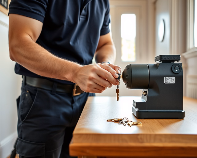 Fotó egy zárszerelőről, amint szakszerűen helyszíni kulcsmásolást végez egy házban.