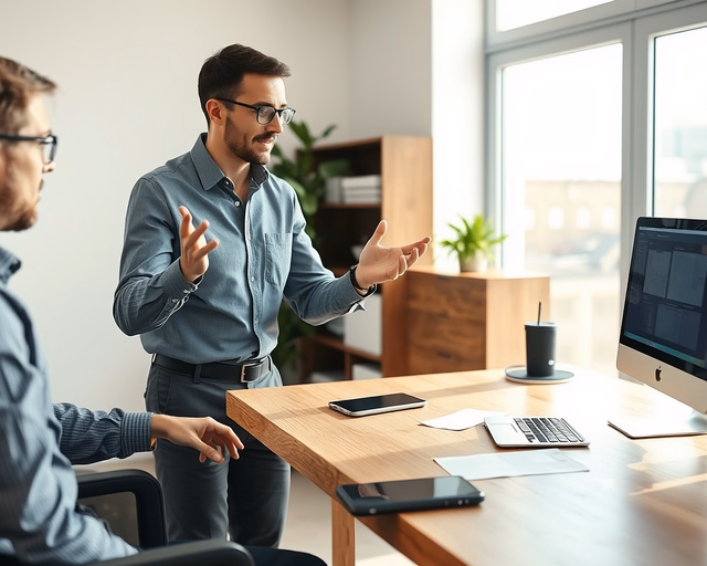 Fotó egy mesteremberről, amint szakszerűen helyszíni oktatást végez egy irodában.