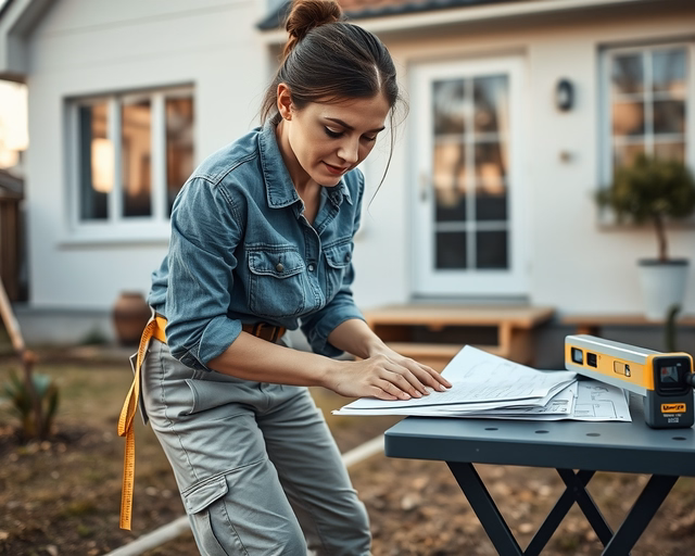 Hozzáépítés családi házhoz: munkás méri és vágja a téglákat az új falszakaszhoz, mellette daru emeli a kész betonpillért, por és építőanyagok az udvaron.