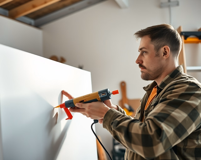 Hungarocell ragasztása: mesterséges fény mellett szerszámokkal és ecsettel precízen felvitt ragasztóval illesztik össze a hungarocell lapokat, ügyelve az illesztések simaságára és buborékmentességre.