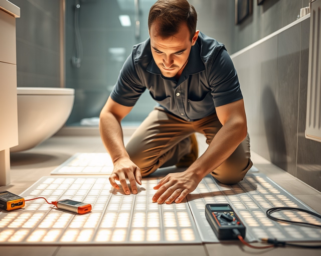 Mester szereli az Infrafűtés fürdőszobába rendszert: fali panelet precízen rögzít, elektromos csatlakozásokat ellenőriz, majd bekapcsolva meleg sugárzást mér a biztonságért.