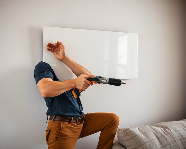 Infrapanel-fűtés: szerelő óvatosan rögzíti az infrapanelt a mennyezet alatt, elektromos csatlakozásokat ellenőrizve, hőszigetelés és távolság szabályok betartásával.