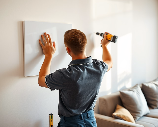 Szerelő felszereli az Infravörös fűtőtesteket: falra rögzíti a panelt, elektromos csatlakozást ellenőrizve és szigetelőanyagot használva a biztonságos, esztétikus telepítés érdekében.