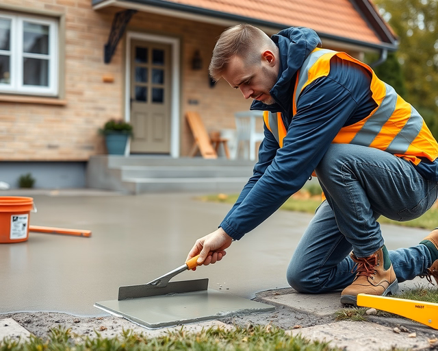 Munkások aszfaltfoltokat és betonlapokat cserélnek: véső, lapát, kézi henger látható, útlezáró bóják és jelzések; sajtolt homokkal töltik az illesztéseket a tartós járdajavításhoz.