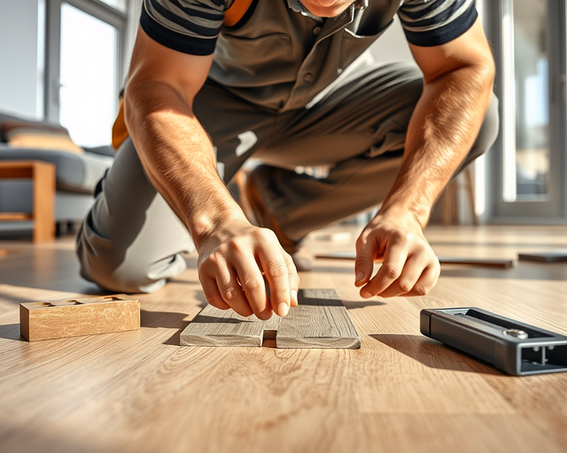 A burkoló precízen méri és jelöli a járólap hatású laminált padló elemeit, majd ragasztóval és klikk rendszerrel pontosan illeszti őket a padlóra — "Járólap hatású laminált padló" munkafolyamat.