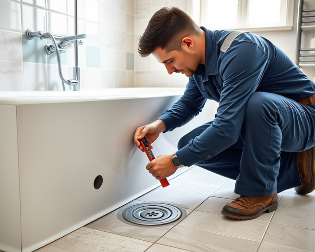 Fotó egy vízvezeték-szerelőről, amint körültekintően kádlefolyót javít egy fürdőszobában.