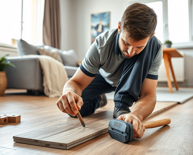 Kaindl laminált padló lerakása: szakember precízen méri, ragasztót visz fel, sorban illeszti a Kaindl elemeket, gumikalapáccsal igazítja és fugát ellenőriz a sima, egyenletes felületért.