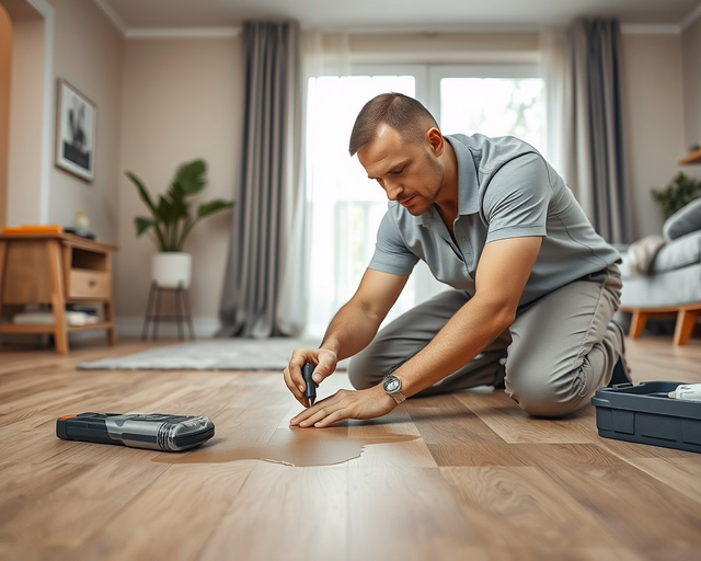 Karcos laminált parketta javítása: szakember alaposan tisztítja a sérült felületet, finoman csiszolja a karcolást, majd tömítő- és színhelyreállító anyaggal egyenletesen tölti ki a rést.
