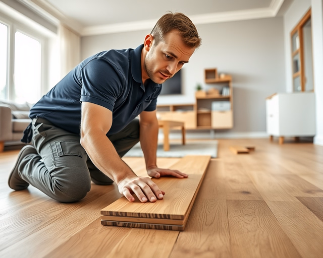 Mester precízen illeszti a Kattintós laminált padlólapot: csatlakoztatja a peremet, hallható kattanás jelzi a záródást, majd ellenőrzi a sík lefektetést és a fugák egyenletességét.