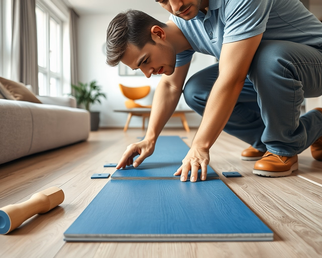 Kék laminált padló: Szerelő precízen illeszti a kék laminált padlólapokat egymáshoz, gumikalapáccsal finoman ütögetve, hogy tökéletesen sík és hézagmentes legyen a felület.