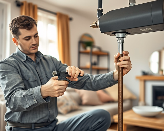 Kéményes gázkonvektor szerviz: szerelő gumikesztyűben lekapcsolja a készüléket, eltávolítja a burkolatot, látványosan ellenőrzi az égéstérben a lerakódásokat és a kéménycsatlakozást.