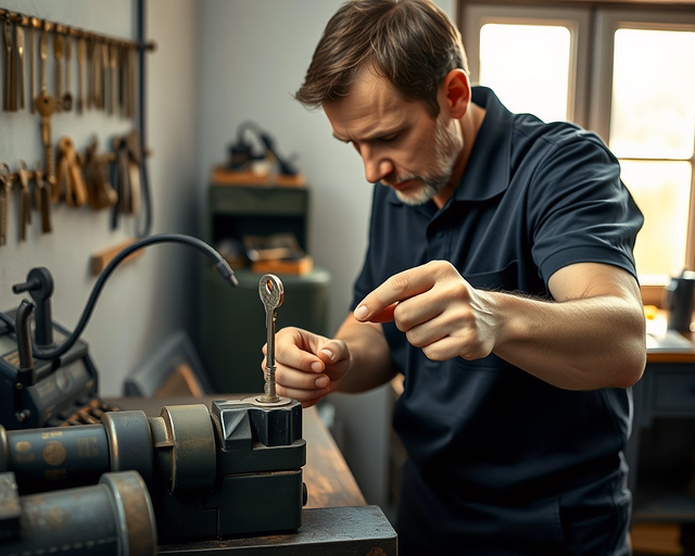 Fotó egy zárszerelőről, amint szakszerűen kereszthornyos kulcs másolást végez egy házban.
