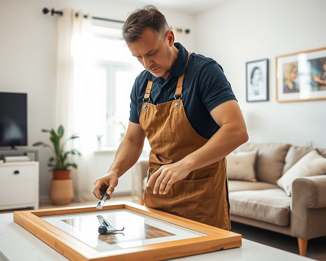 Egy kézműves óvatosan illeszti a kép keretét a falra, pontosan igazítja a sarok-illesztéseket és rögzíti csavarokkal — Keretezés folyamata részletes, precíz mozdulatokkal.