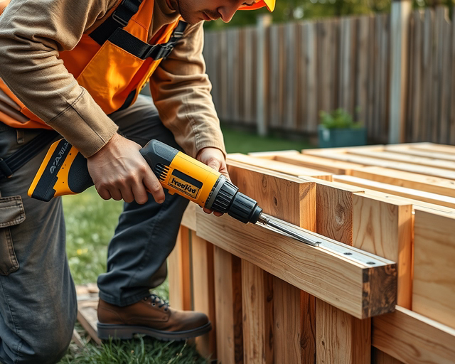 Szakember masszív kerítést épít: oszlopok kiásása, betonozás, vízmértékes beállítás, paneleket rögzít, hegeszt, zárat és kaput szerel. Precíz, tartós kerítés készítése helyszíni munkával.