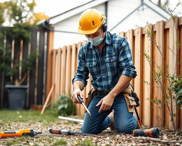 Szakember fa- és fémkerítést szerel: oszlopokat állít, vízmértékkel igazít, betonoz, panelt rögzít csavarozóval. Precíz kerítésépítés, tartós telepítés, professzionális kivitelezés.