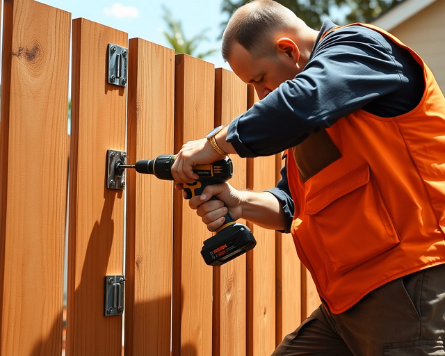 Fotó egy szakemberről, amint szakszerűen kerítéspanel javítást végez egy kertben.
