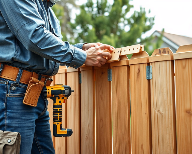 Mester tetőelemeket szerel a kerítés tetejére: fém kerítéstető méretre vágása, csavarozás, élvédők illesztése, pontos vízszintezés az időjárásálló, esztétikus kerítésfedéshez.