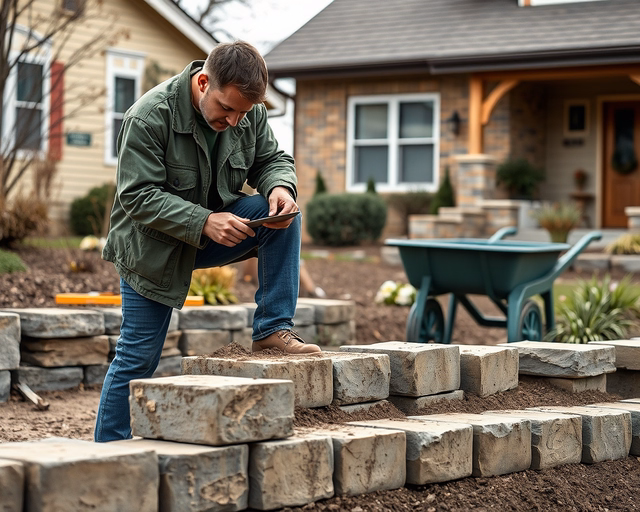 Kertépítés: munkások tereprendeznek, ásóval és talicskával földet mozgatnak, ültetik a fákat és gyepszőnyeget; öntözőrendszer csövei látszanak. Támfalépítés: kőblokkokat precízen raknak, habarcsot simítanak és talajmegtámasztó réteget készítenek.