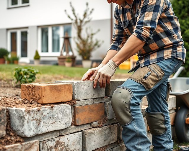 Kertépítő szakember rakott kő támfalat épít: alapozás, rétegezett habarcs, szintezés és lecsapolás készítése, stabilizáló geotextília és visszatöltés kaviccsal a hosszú élettartamért.