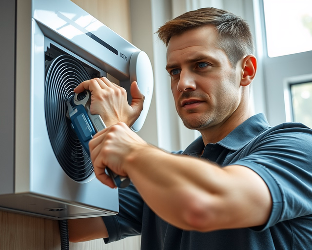 Szerelő ellenőrzi és tisztítja a keskeny gázkonvektor égőfejét: lekapcsolt gáz, leszerelt burkolat, ecsettel és porszívóval eltávolítja a koromlerakódást a biztonságos működésért.