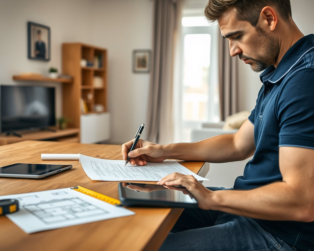Egy asztalon terítve a kivitelezői szerződés; a projektvezető tollal aláír egy oldalt, mellette mérnöki rajzok és építési ütemterv látható.