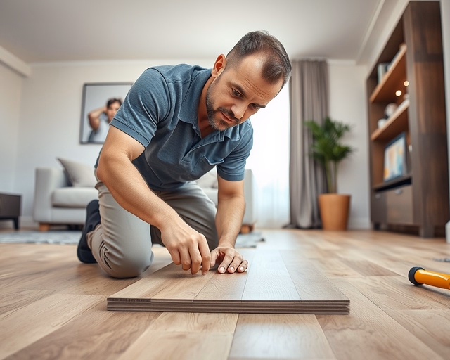 Klikkes laminált padló lerakása: szakember pontosan méri a helyiséget, alátétet terít, majd klikkes panelekből soronként illeszti és ütőkővel rögzíti a lapokat a sima, egyenletes felületen.