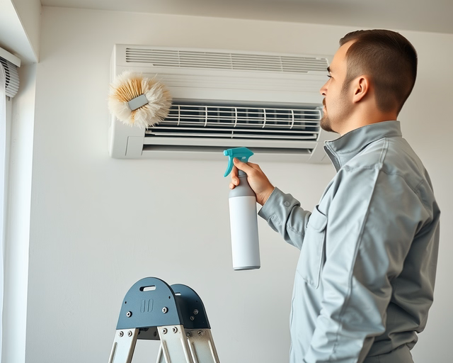 Klímatisztítás: szakember gumikesztyűben eltávolítja a beltéri egység előlapját, ecsettel és speciális spray-vel tisztítva a ventilátort és hűtőbordát a penész és por eltávolításához.