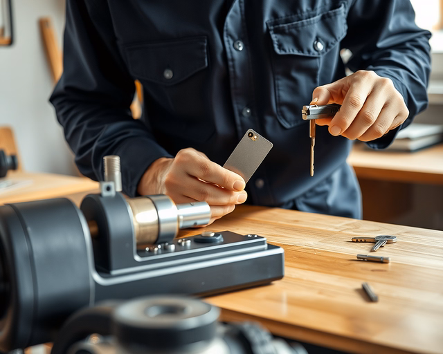 Fotó egy szakemberről, amint biztonságosan kódkártyás kulcsmásolást végez egy irodában.