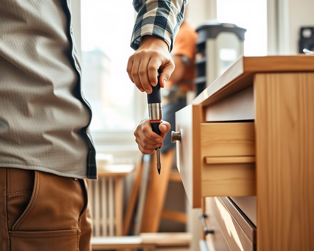 Fotó egy szakemberről, amint professzionálisan komód javítást végez egy hálószobában.