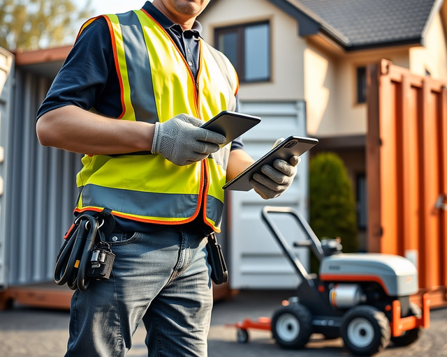 Konténer rendelés: munkás emelőtargoncával óvatosan helyezi a hulladék konténert az építési terület szélére, miközben védősisakot és fényvisszaverő mellényt visel.