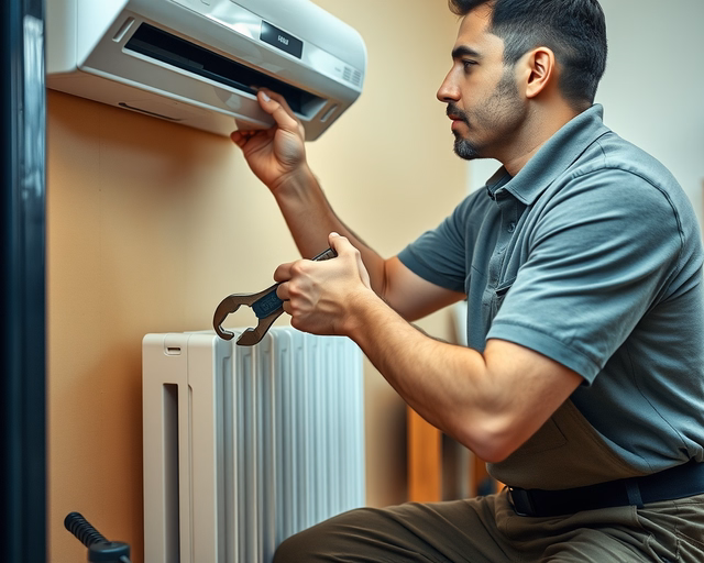 Konvektor felszerelése: szakember precízen rögzíti a fűtőtestet a falra, csőcsatlakozásokat készít és szigeteli, majd bekapcsolja és ellenőrzi a működést.